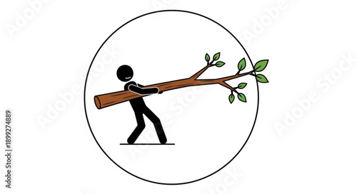 Stick figure carrying a large tree branch with leaves.