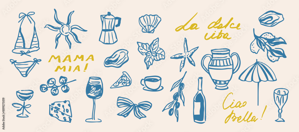 Naklejka premium Hand drawn retro italian summer illustrations