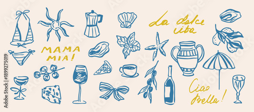 Hand drawn retro italian summer illustrations