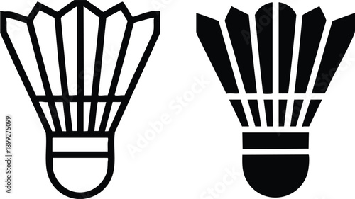 Solid and Outline Badminton Shuttlecock Icons, Monochrome Birdie Graphics for Sports Branding and Equipment, Minimalist Athletic Equipment Symbols Featuring a Shuttlecock, Badminton Vector.