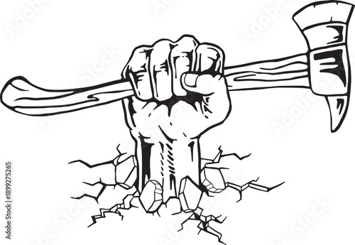 Fist Holding Axe Black and White Hand Drawn, Vintage Vector Illustration