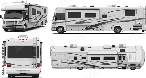 Set of Four Modern White Recreational Vehicle Motorhome Illustrations Showing Front Side Rear and Top Views Isolated on White Background for Camping and Travel Design