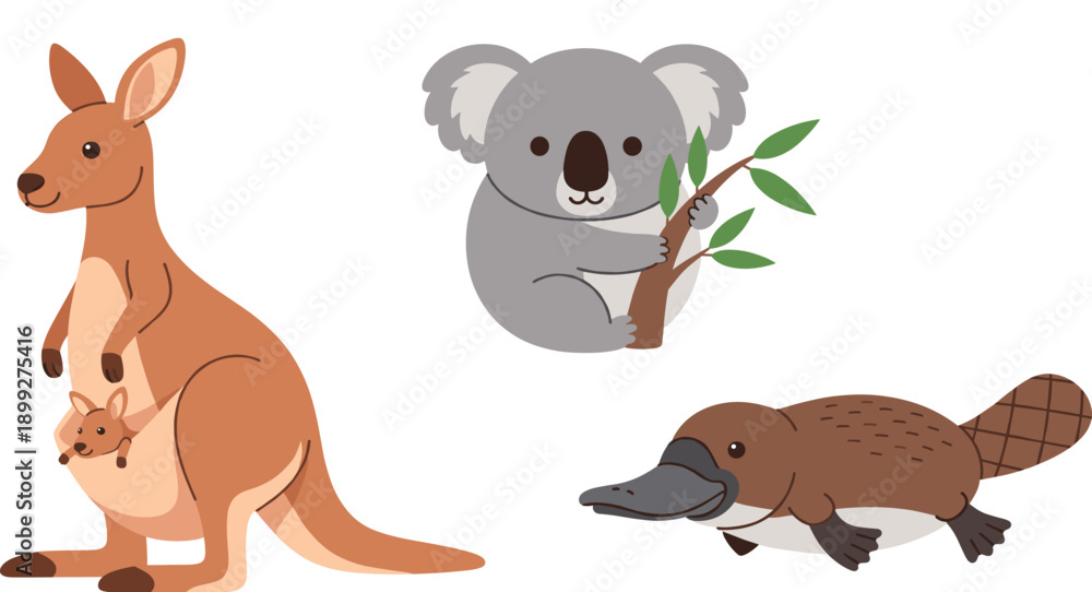 Fototapeta premium Large Cute Animal Vector Set – Flat Woodland, Farm, Arctic, Australian Wildlife, and Kawaii Dinosaurs Isolated on White