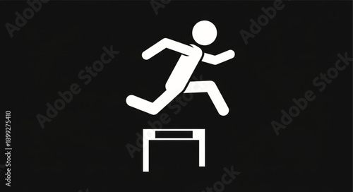 Stick figure athlete jumping over hurdle during race.