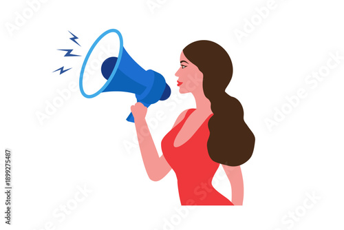 Woman shouting in loud speaker with social media icons. Influencer social media marketing, vlogger, youtuber, social influencer and influencer marketing concept vector illustration