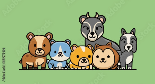 A cartoon illustration of various animals standing together in a friendly manner viewed from the front