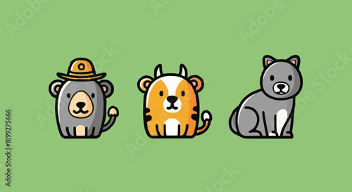 Cartoon animals sitting together in a friendly environment from a straightforward viewpoint