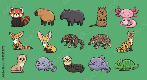 A collection of cartoon animals displayed together on a green surface viewed from directly above