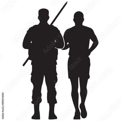 Soldier and Civilian Walking Together Silhouette, Support and Unity
