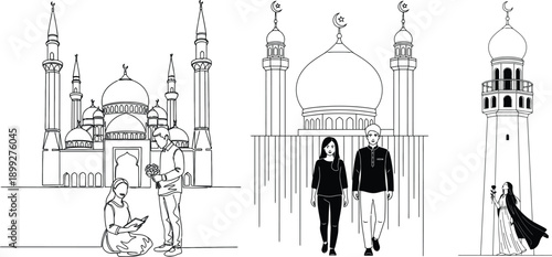 Sketch of a mosque complex with people standing nearby in black and white