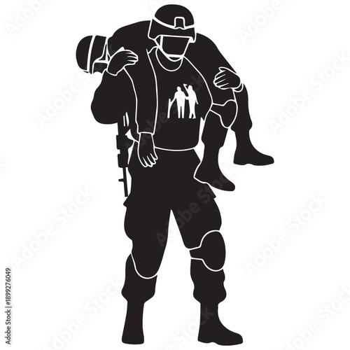 Soldier Carrying Injured Comrade Silhouette, Rescue and Support