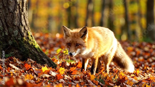 Red Fox in Autumn Forest Scene.