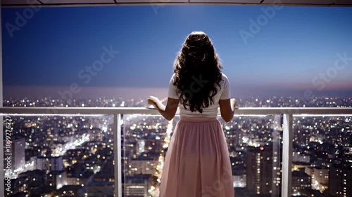 Woman Standing on Rooftop Viewing Cityscape at Night.