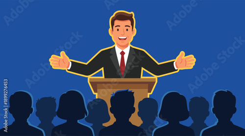 Professional Businessman Giving Public Speech or Presentation at Conference - Vector Illustration