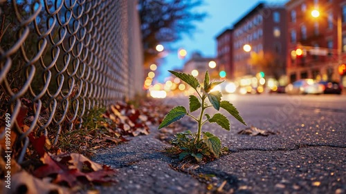 Small Plant Growing Through City Pavement at Dusk.