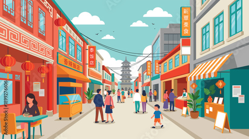 Vibrant Asian street scene with shops restaurants pagoda and people walking flat vector illustration
