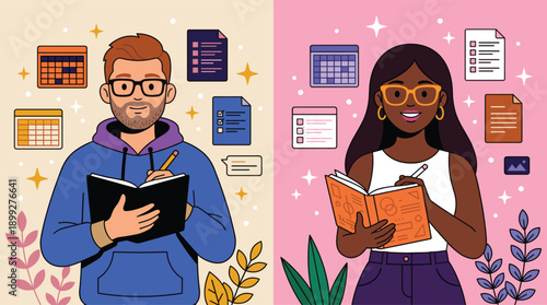 Young diverse professionals planning and organizing work with notebooks calendars and checklists vector illustration