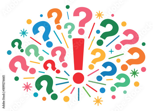 Colorful graphic illustration of question and exclamation marks depicting ideas, solutions, and problems for brainstorming and communication
