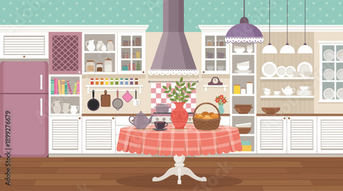 Charming vintage kitchen interior with dining table shelves and home decor flat vector illustration