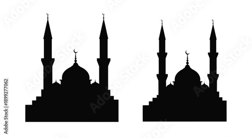 Black silhouettes of ornate islamic mosques against a white background silhouette