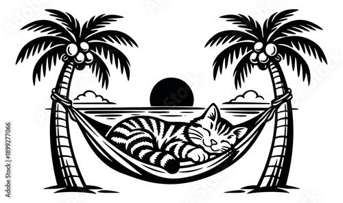Line art illustration of a cat sleeping in a hammock depicting a tropical vacation scene for summer designs