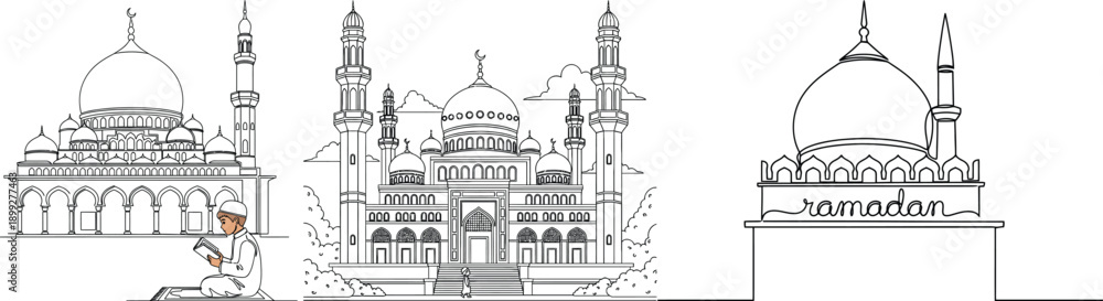 Fototapeta premium Detailed line drawing showcases three prominent mosque structures with minarets