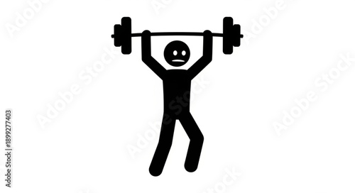 Stick figure lifting heavy barbell overhead in gym workout.