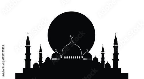 Black silhouette of a mosque with a large moon in the background silhouette