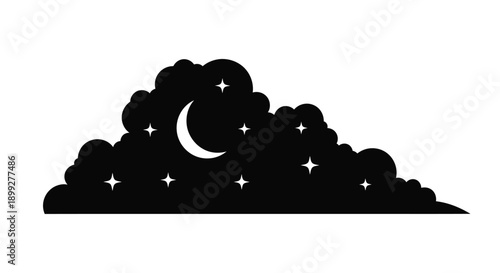 Night sky with crescent moon and fluffy clouds a dark silhouette