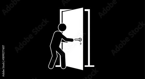 Stick figure opening a white door on a black background.