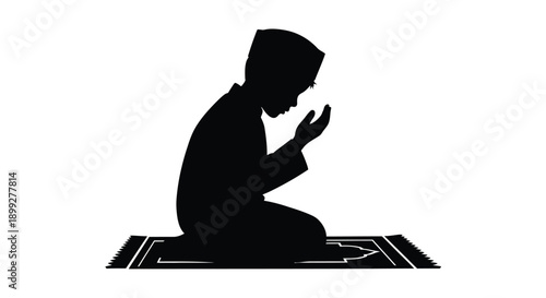A kneeling man in prayer depicted as a striking black silhouette