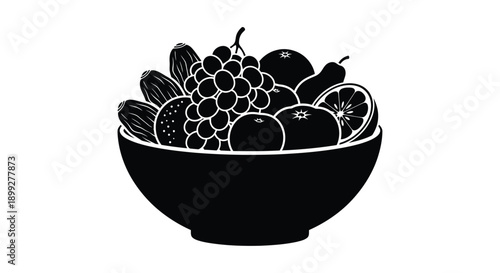 A black and white still life of fruit in a bowl silhouette