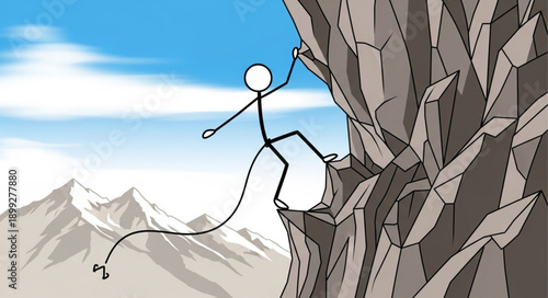 Stick figure climbing a steep rock face with mountains in background.
