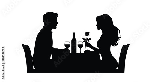 Couple enjoying a romantic dinner at a table black silhouette
