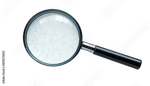 Magnifying glass with a fractured or cracked lens element casting light on an isolated black background for inspection purposes on transparent background