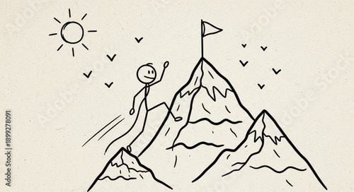 Stick figure climbing mountain peak with flag sun birds.