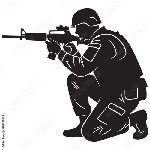 Modern Soldier Silhouette Crouching with Rifle