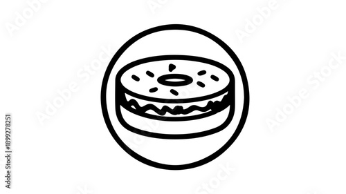 A minimalist black line icon of a bagel topped with sesame seeds in a circle on white background for food or breakfast concepts