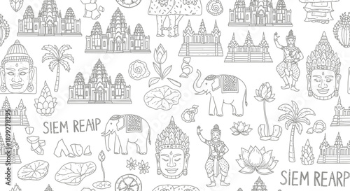 Cultural Illustration of Temples and Elephants