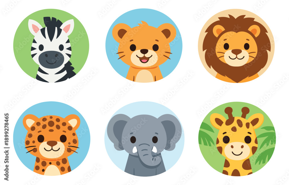 Naklejka premium Cute cartoon safari animal faces set featuring a zebra, lion, lion cub, leopard, elephant, and giraffe for children's designs