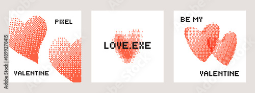 Set of abstract posters with halftone bitmap hearts and retro digital pixel lettering. Love vector illustration for valentines day