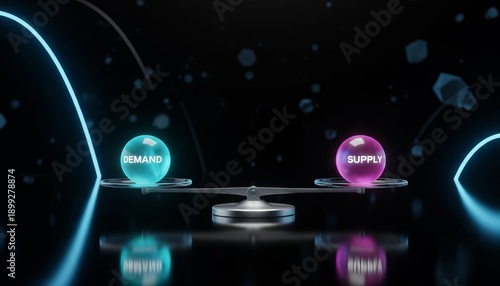 Demand and Supply balance: Glowing orbs on a classic scale represent economic market equilibrium and business concepts.