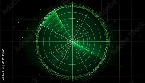 Green radar screen with rotating sweep showing possible targets