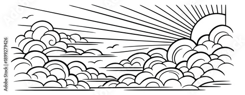 Line art illustration of a sky scene depicting a radiant sun with clouds and birds for nature design