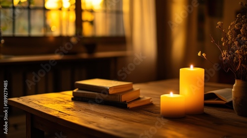 Candles and books sit upon a wooden table in warm light