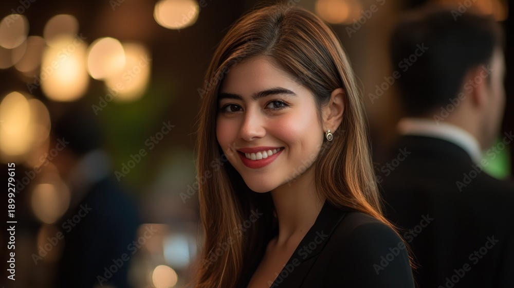 Obraz premium A young woman smiles radiantly at the camera in a portrait