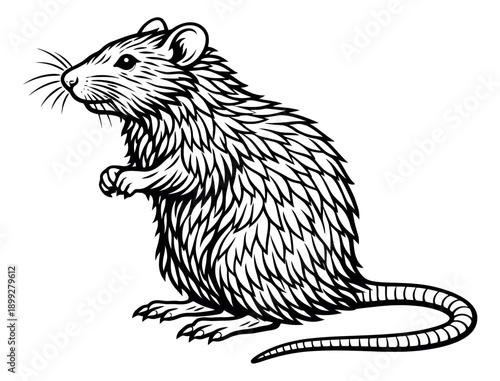 Line art illustration of a rat depicting it standing on its hind legs for animal and pest control themes