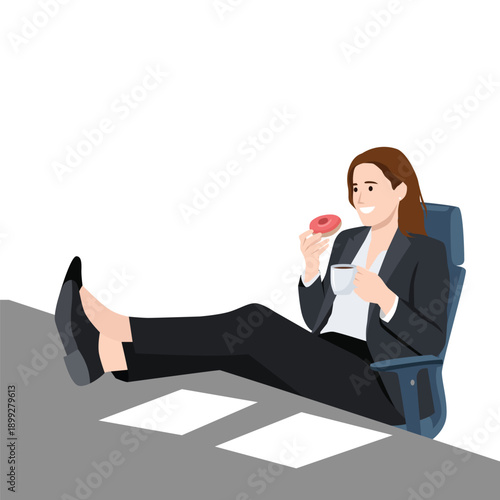 Relaxed Businesswoman Eating Donut and Drinking Coffee. Flat vector illustration isolated on white background