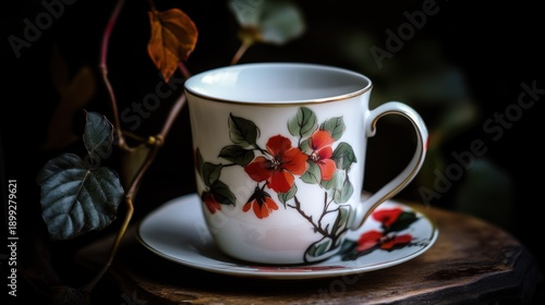 A beautifully decorated porcelain tea cup set on a wooden table