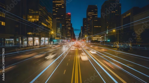 Urban traffic speeds through cityscape at night as car lights blur